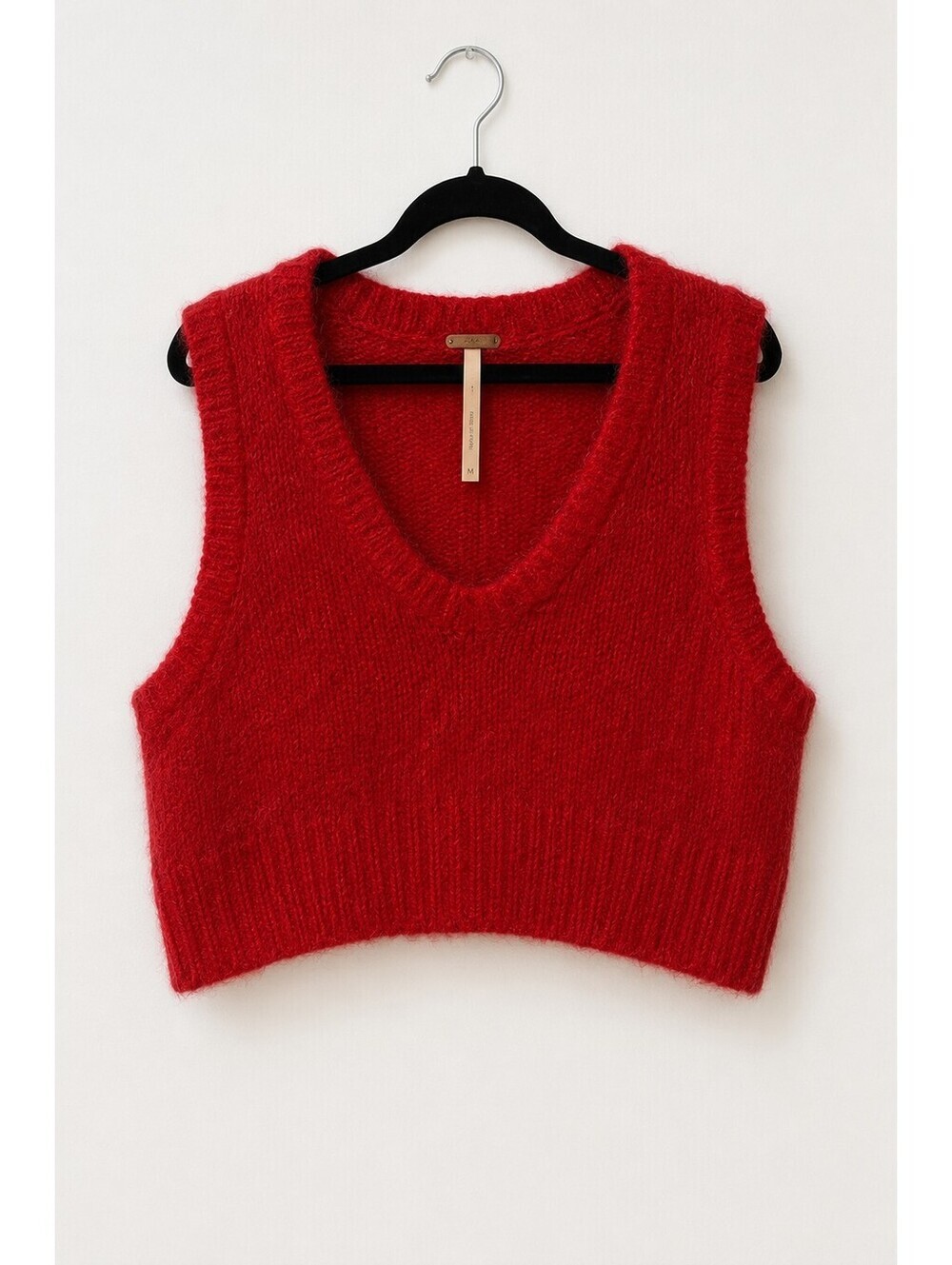Free People Alpaca Blend Red Sweater Vest Fuzzy Knit V Neck Cropped Size M